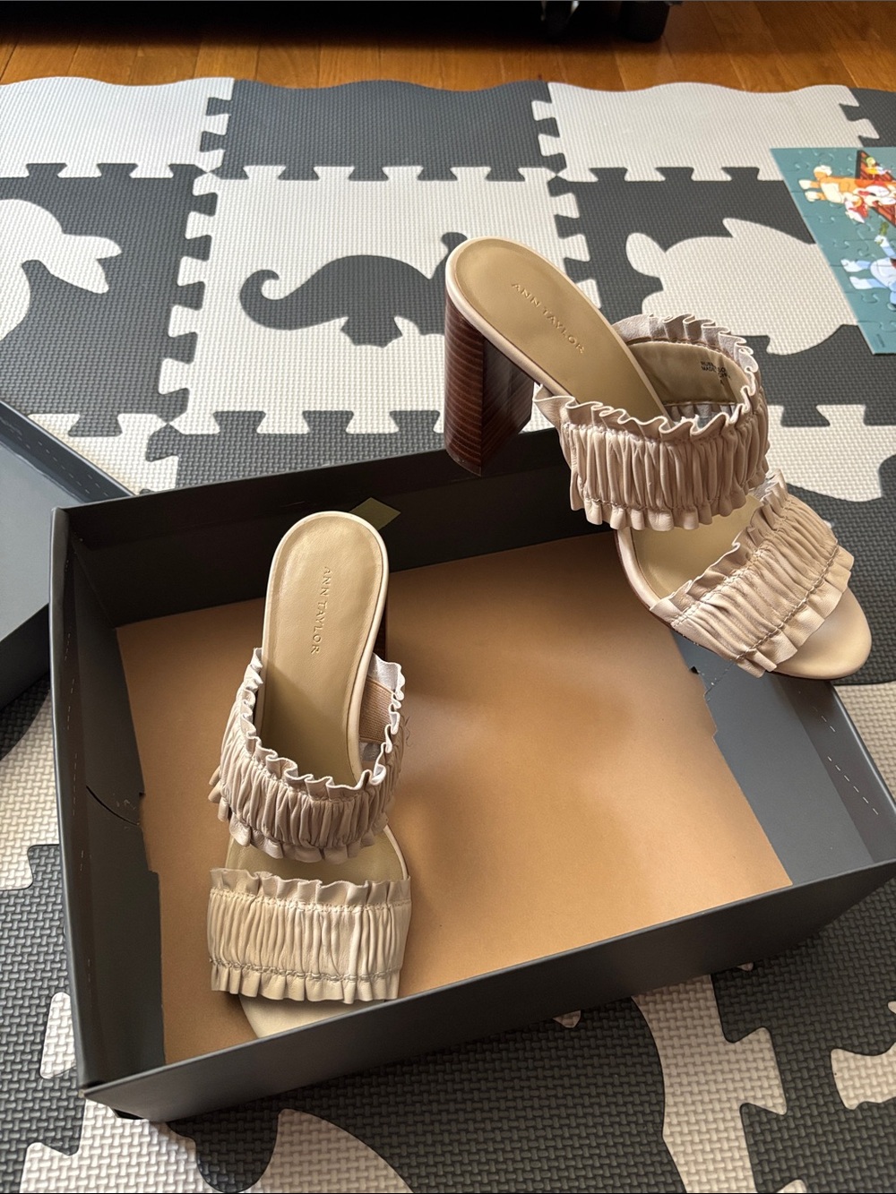 Ann Taylor Ruffled Two-Strap Block Heel Sandals in Beige